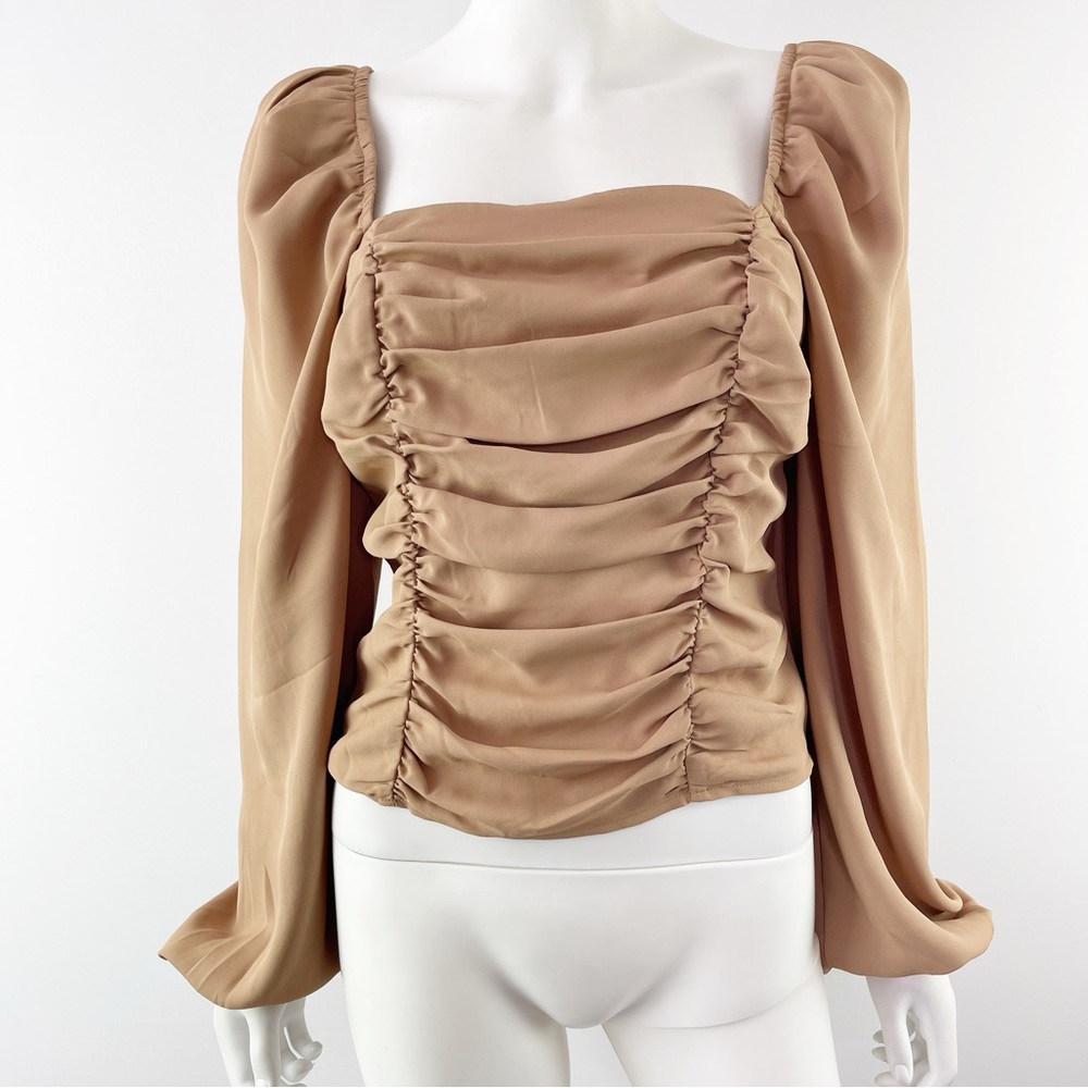 NEW Express Brown Ruched Long Sleeve Blouse Top with Balloon Sleeves Size M